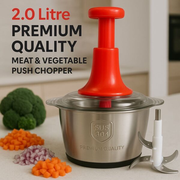 2.0 Litre 4 Blade Push Chopper Premium Meat & Vegetable Chopper with Stainless Steel Bowl